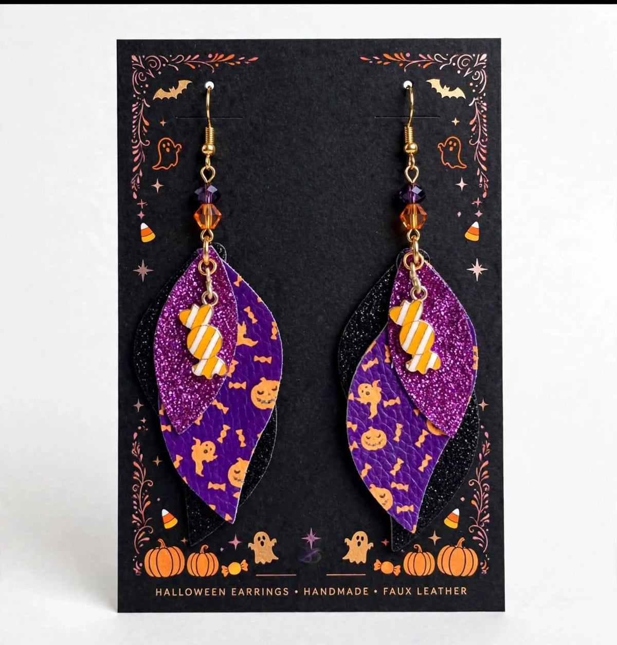 Halloween Candy Faux Leather Enamel Charm Earrings - Spooky Cute Dangle Jewelry