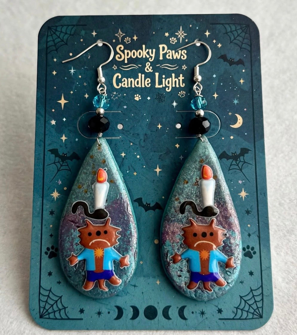 Spooky Wolf Man Candlestick Teardrop Earrings - Gothic Clay & Resin Jewelry