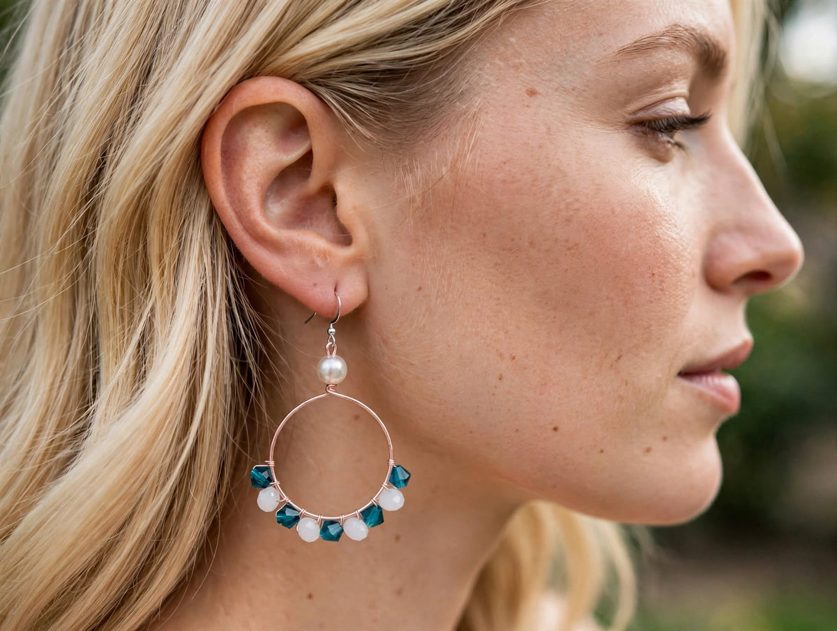 Elegant Crystal Beads Wire Metal Earrings - Intricate Hoop Jewelry