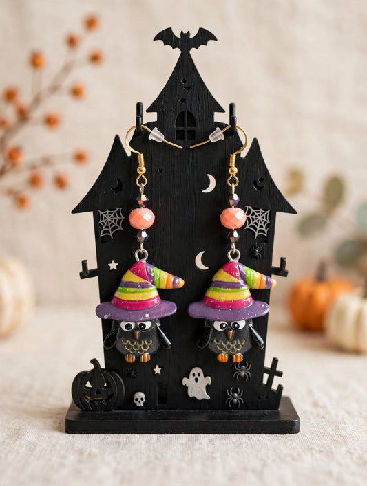 Whimsical Halloween Owl Earrings | Witch Hat Owl Dangle Earrings | Colorful Spooky Cute Halloween Earrings | Owl Witch Jewelry