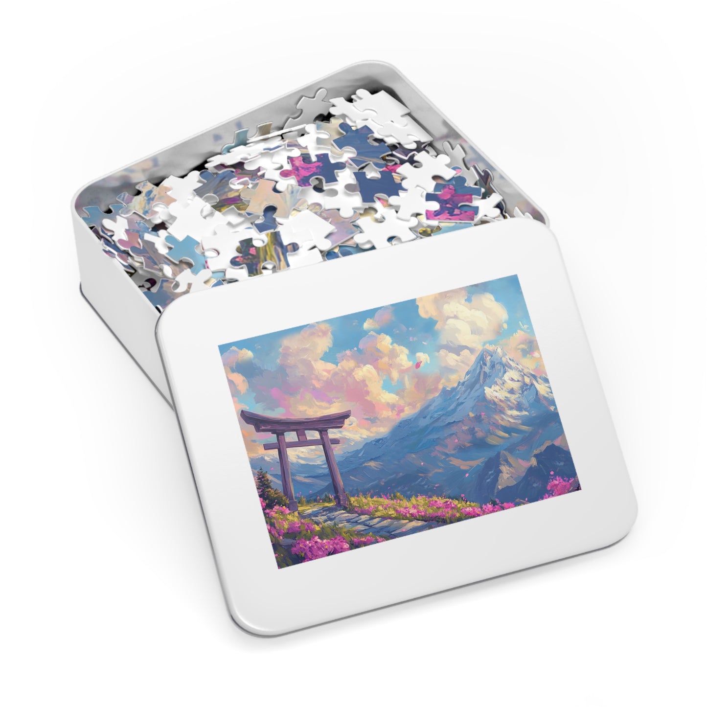 Serene Torii Gate Jigsaw Puzzle with Tin - Japanese Cherry Blossom Mountain Landscape
