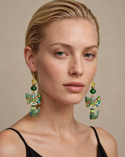 Green Colorful Cat Enamel Charm Earrings - Abstract Dangle Jewelry