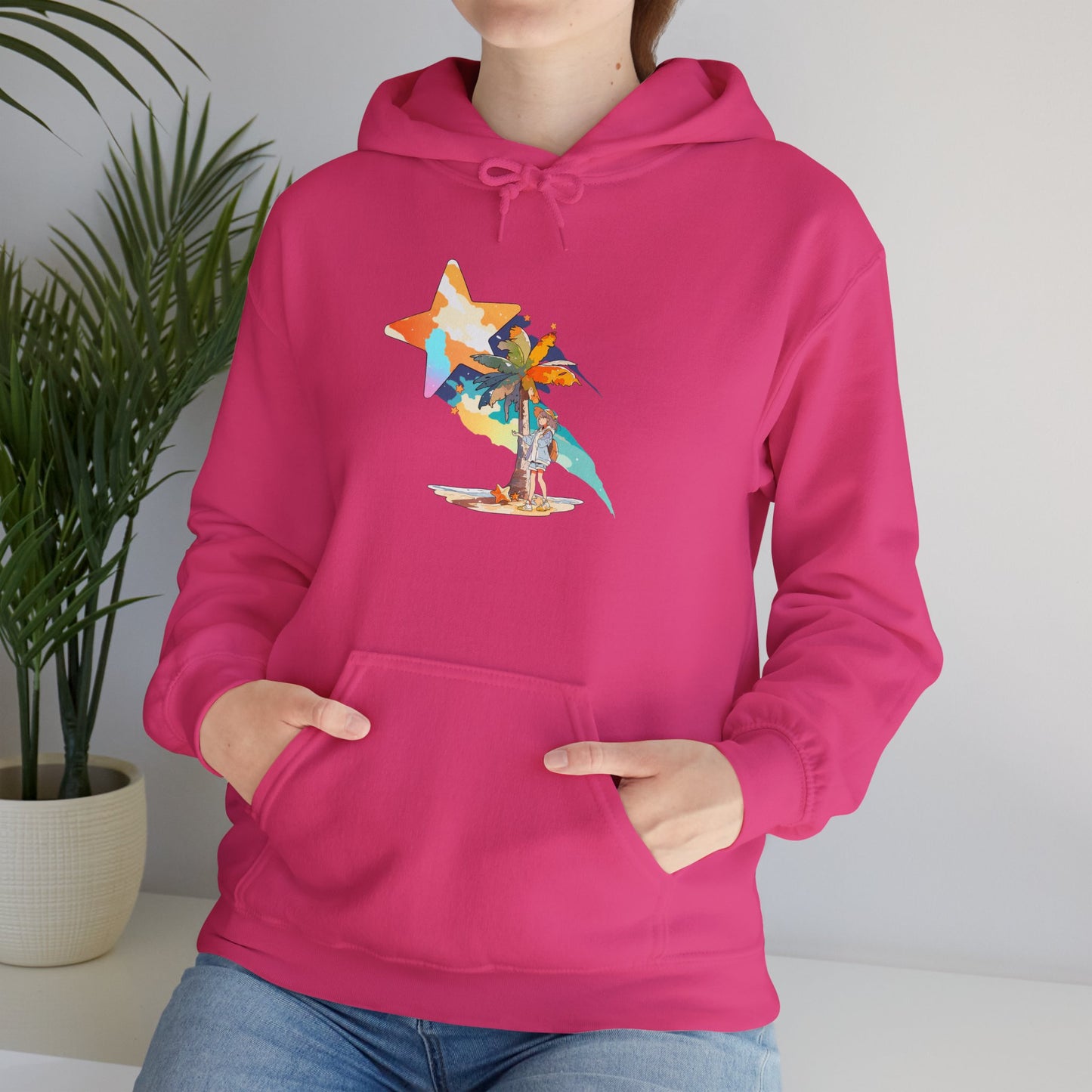 Anime Summer-Themed Unisex Heavy Blend™ Hooded Sweatshirt with Art of Girl & Coconut Tree under a Shooting Star - Warm Tropical Vibes