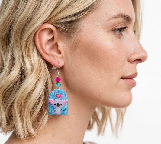 Handcrafted Koala Bear Dangle Earrings – Cute Clay Resin Design with Heart Accents