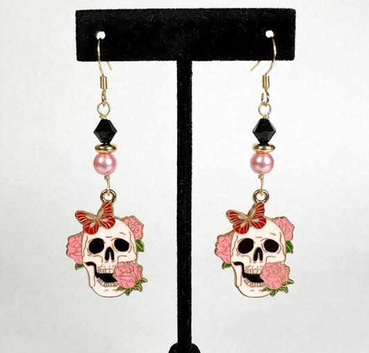 Pink Rose Sugar Skull Enamel Earrings - Day of the Dead Dangle Jewelry