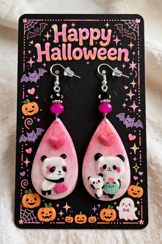 Handmade Panda Clay Resin Teardrop Earrings - Adorable Pink Heart and Leaf Design
