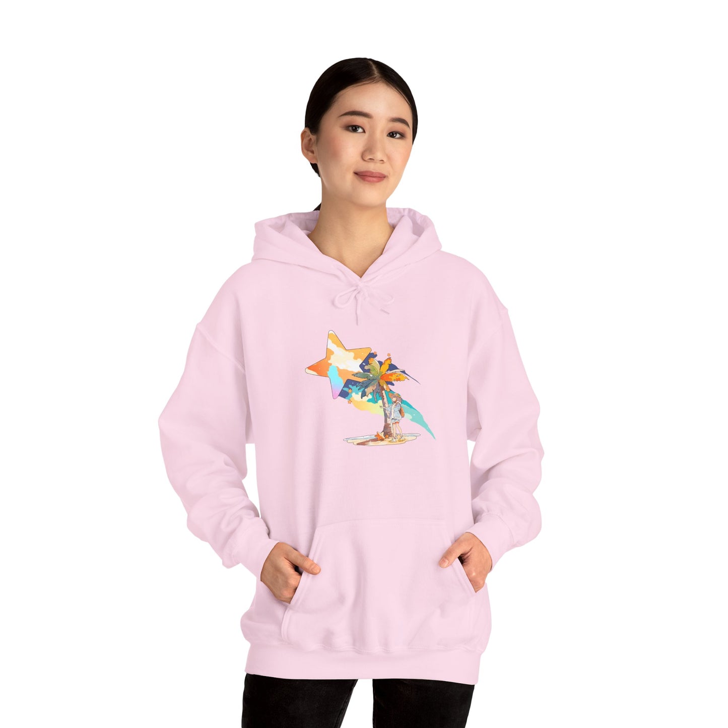 Anime Summer-Themed Unisex Heavy Blend™ Hooded Sweatshirt with Art of Girl & Coconut Tree under a Shooting Star - Warm Tropical Vibes