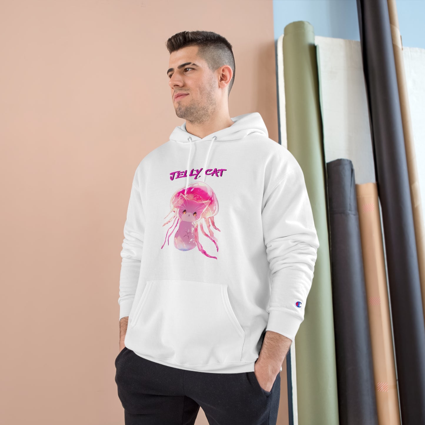 Cute Jellyfish Ghost Cat Hoodie - Pink Jellyfish Cat Design - Champion Pullover for Women & Men