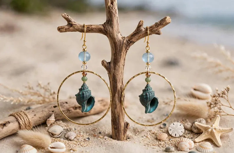 Teal Conch Shell Hoop Earrings - Coastal Collection - Aqua and Gold Beach Earrings - Boho Seashell Earrings - Beach Vacation Jewelry