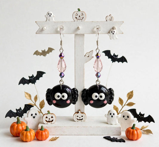 Cute Halloween Spider Clay & Resin Earrings - Spooky Kawaii Dangle Jewelry