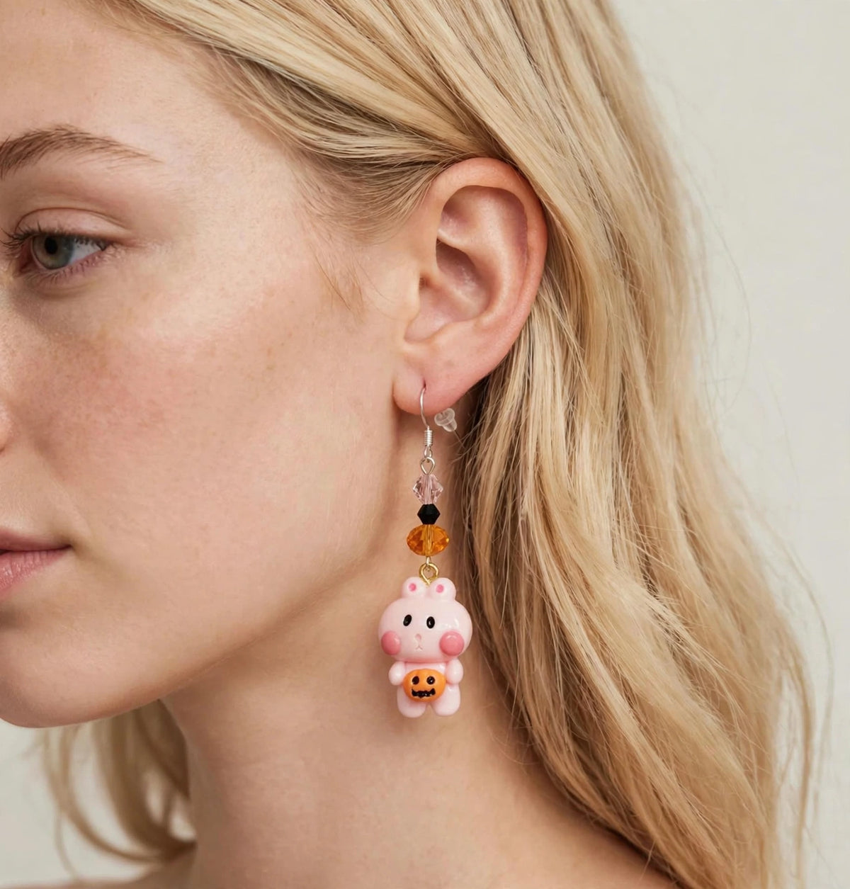 Kawaii Ghost Bunny Pumpkin Clay & Resin Earrings - Spooky Cute Dangle Jewelry