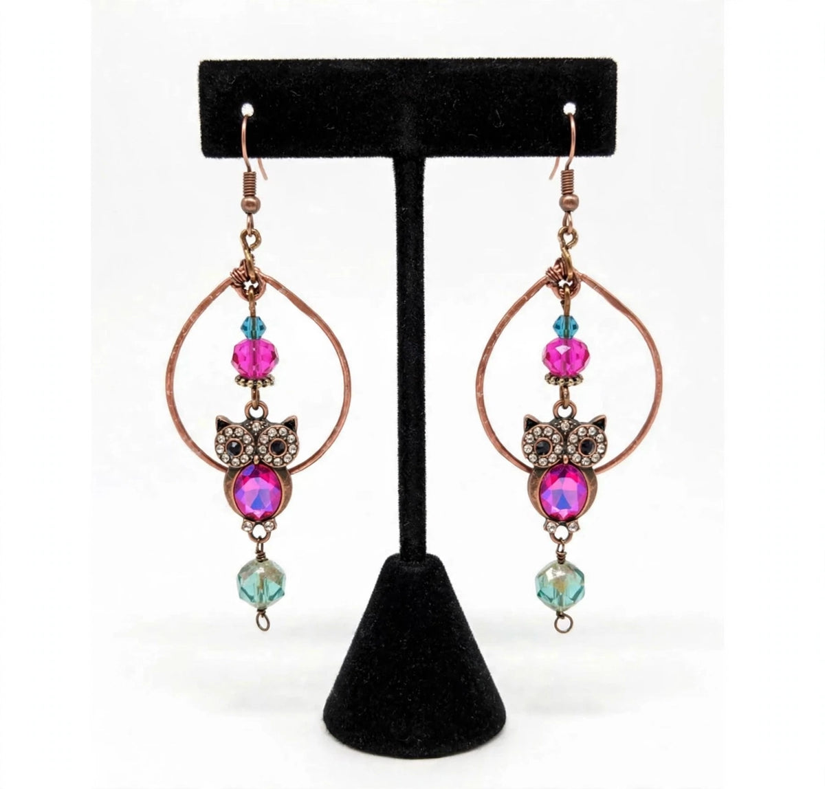 Rustic Copper Tone Owl Hoop Dangle Earrings Fuchsia Owl Dangle Hoop Earrings Fuchsia Rhinestone Charms