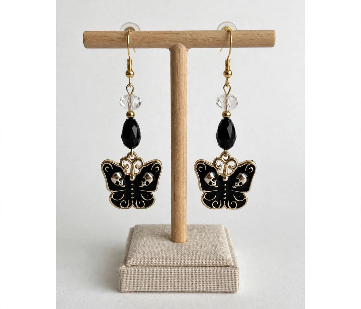 Gothic Black Butterfly Skull Earrings - Enamel Dark Dangle Jewelry