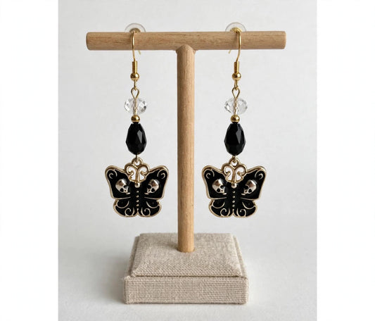 Gothic Black Butterfly Skull Earrings - Enamel Dark Dangle Jewelry