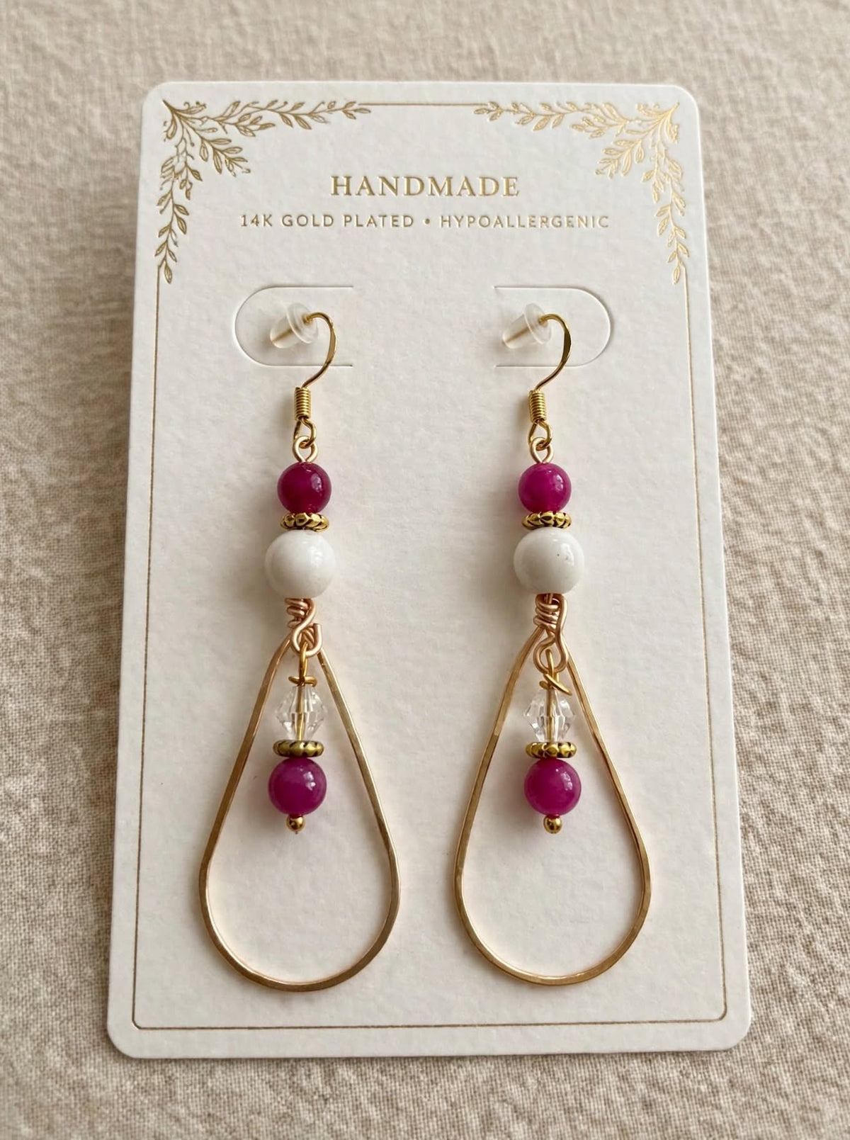 Fuchsia Jade Teardrop Hoop Earrings,  Boho Gemstone Dangles, Fuchsia and White Jade Teardrop Earring