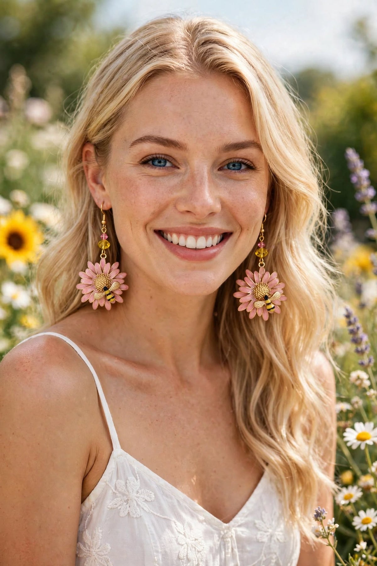 Pink Flower Bee Enamel Earrings - Charming Springtime Dangle Jewelry