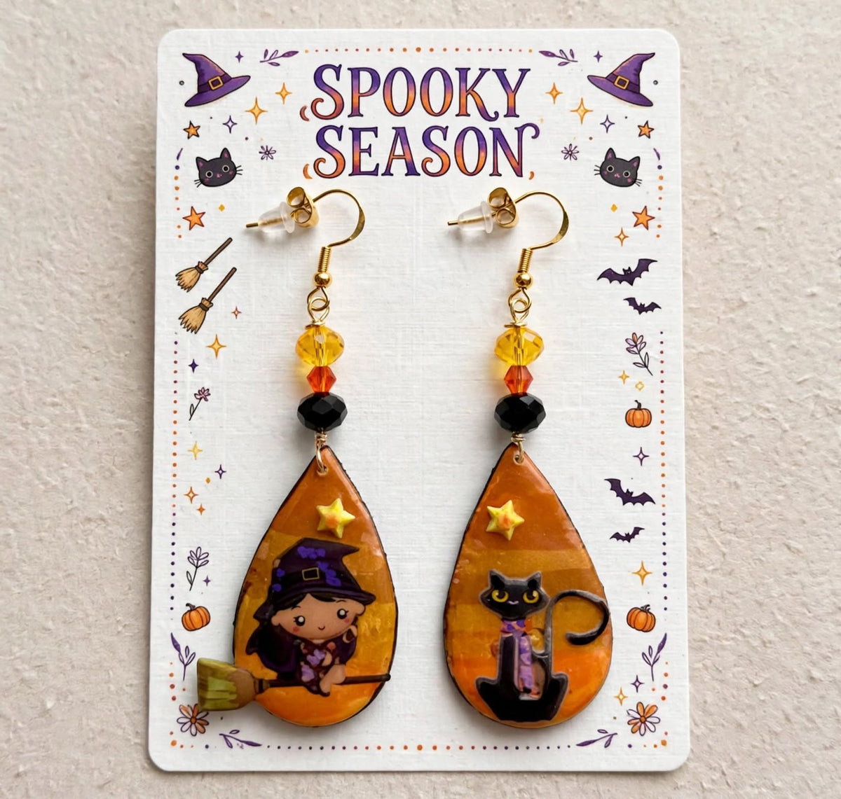 Dangle Clay Resin Teardrop Halloween Witch and Cat Earrings