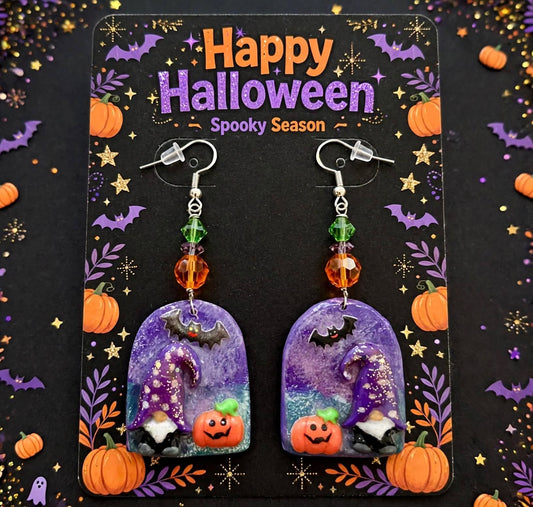 Handmade Halloween Gnome Dangle Earrings - Clay and Resin with Pumpkin & Bat Accents