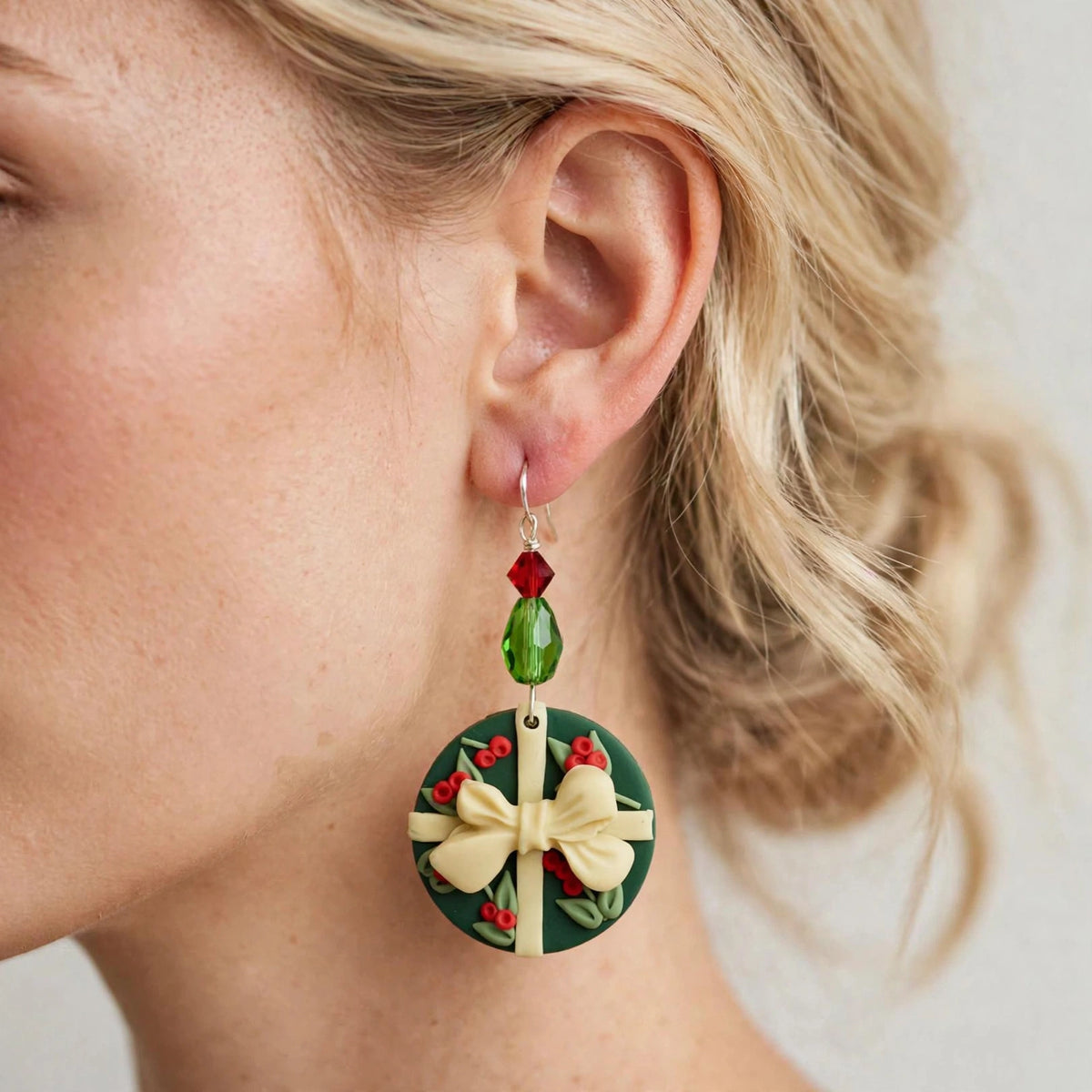 Rounded Holiday Bow Clay & Resin Earrings - Holiday Dangle Jewelry