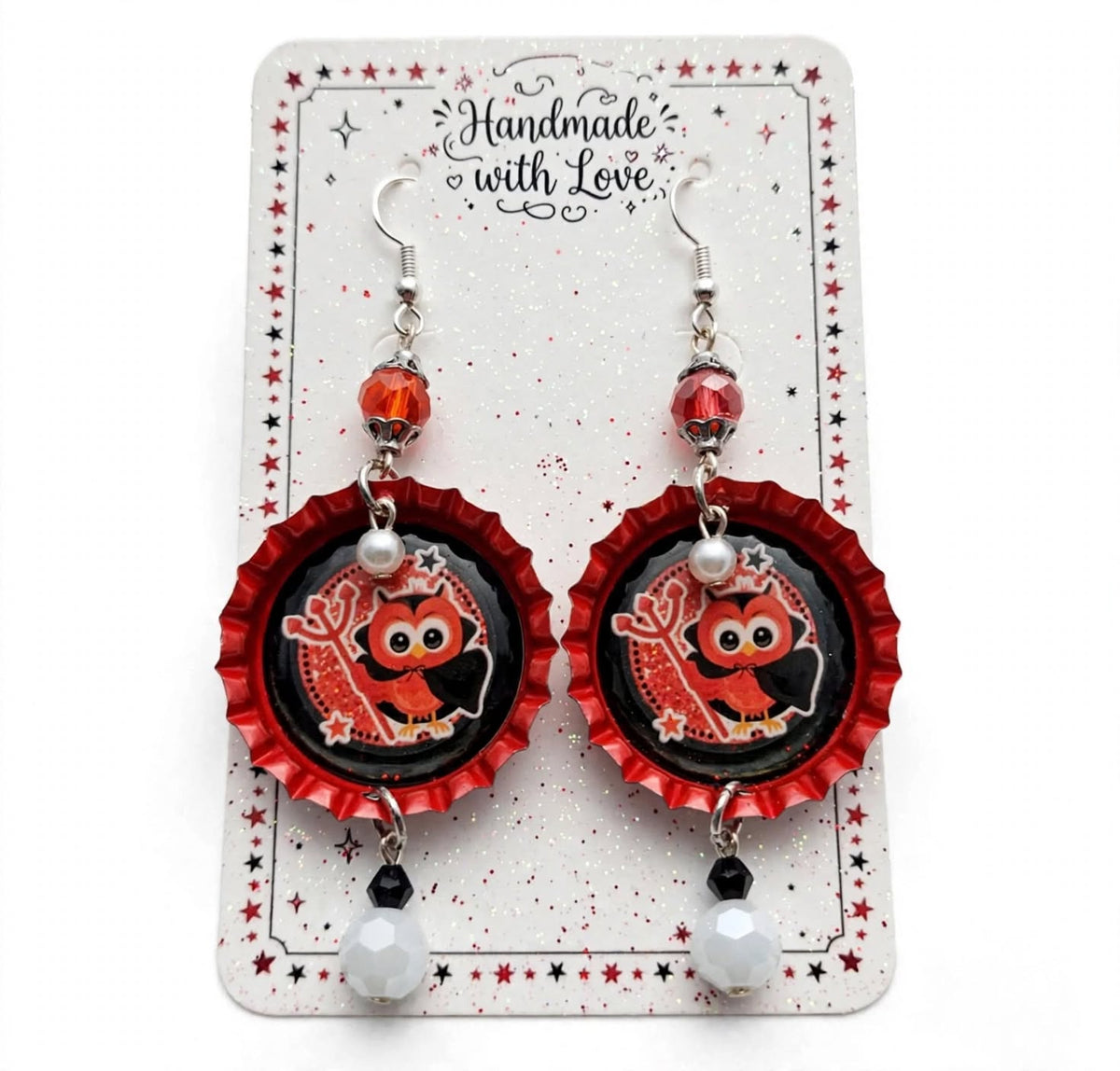 Delightfully Evil Owl Bottlecap Earrings - Cute Dangle Jewelry
