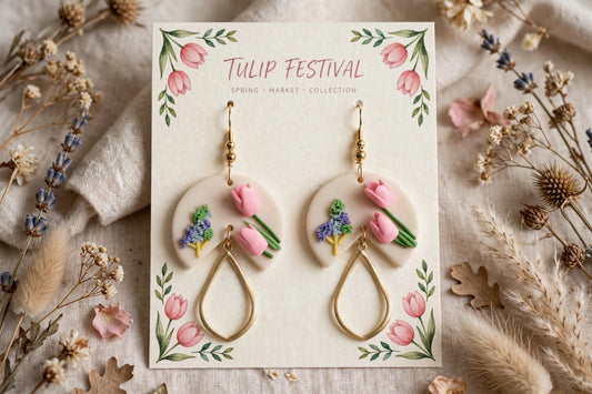 Floral Elegant Tulips Clay & Resin Earrings - Artisanal Dangle Jewelry