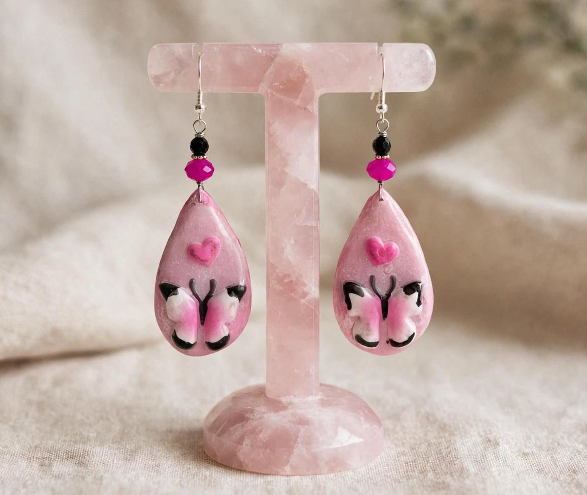 Pink Butterfly & Heart Teardrop Earrings - Romantic Clay & Resin Jewelry