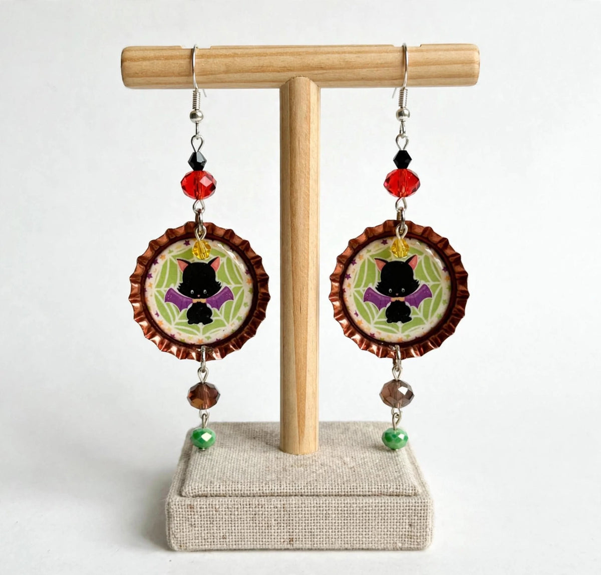 Halloween Bat Cat Bottlecap Earrings - Spooky Cute Dangle Jewelry