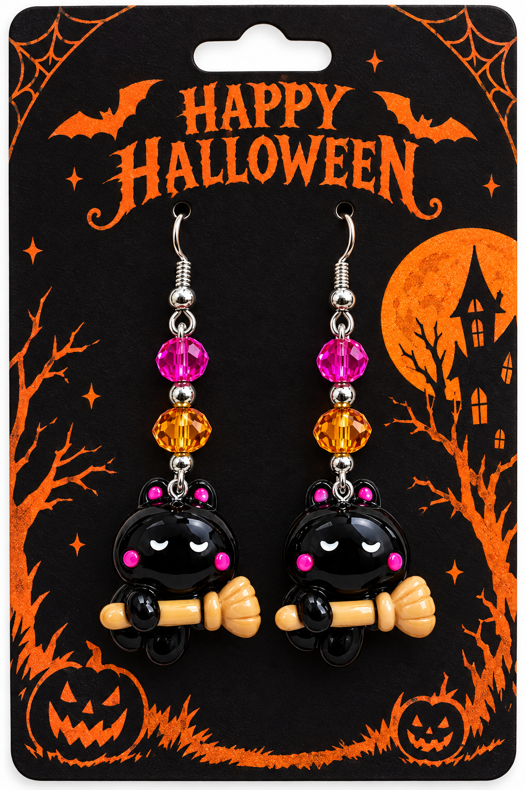 Black Cat Broom Clay Resin Earrings - Special Dangle Jewelry