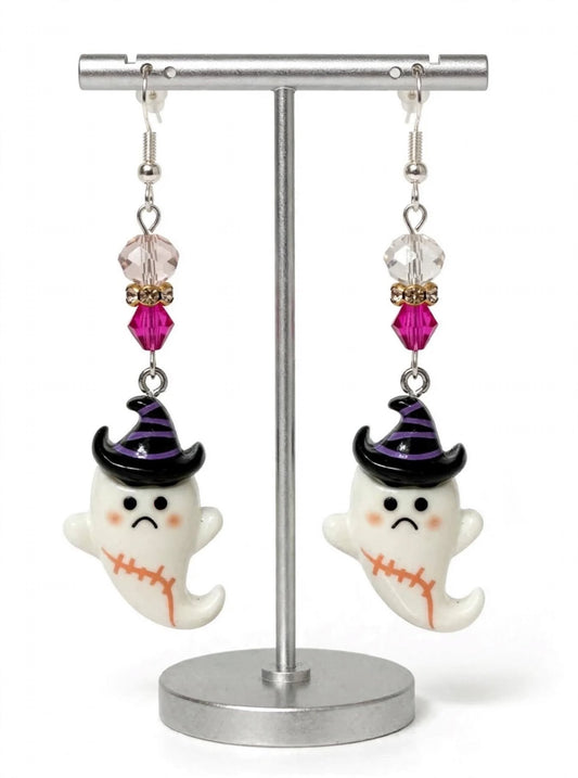 Sad Ghost Witch Clay & Resin Earrings - Spooky Kawaii Dangle Jewelry