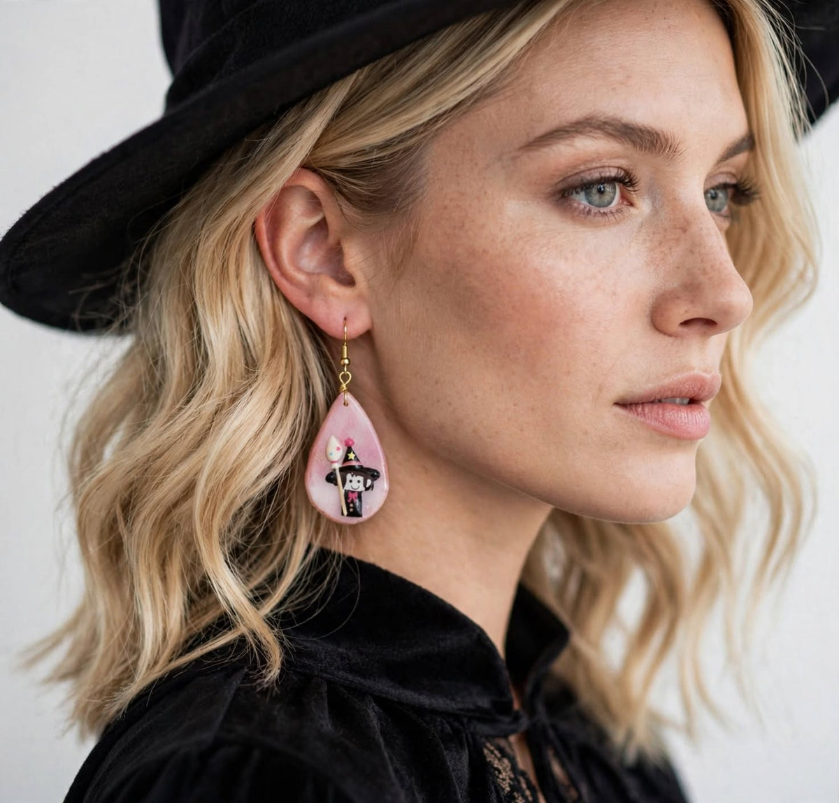 Halloween Witch Clay Resin Earrings - Festive Whimsical Teardrop Jewelry
