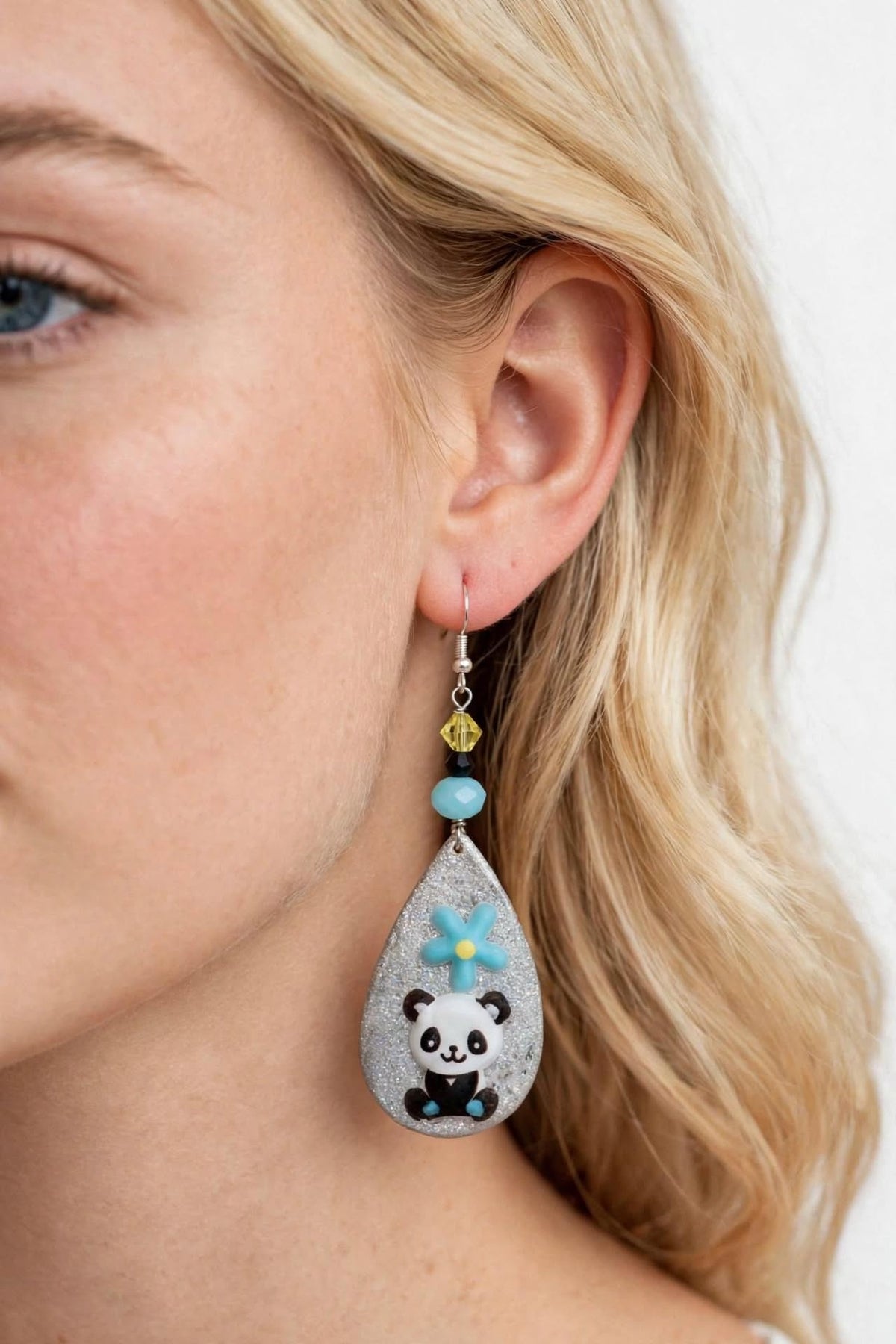 Whimsical Floral Panda Clay & Resin Earrings - Cute Teardrop Jewelry