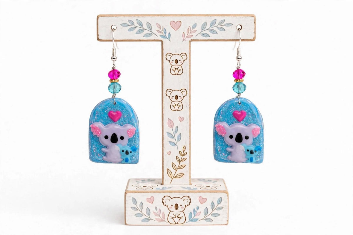 Handcrafted Koala Bear Dangle Earrings – Cute Clay Resin Design with Heart Accents