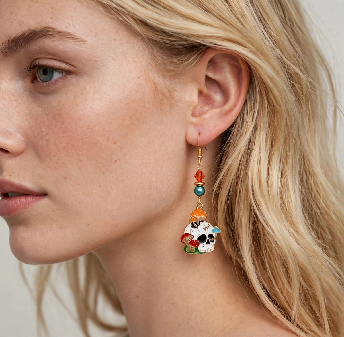 Mushroom Skull Enamel Earrings - Whimsical Dark Dangle Jewelry
