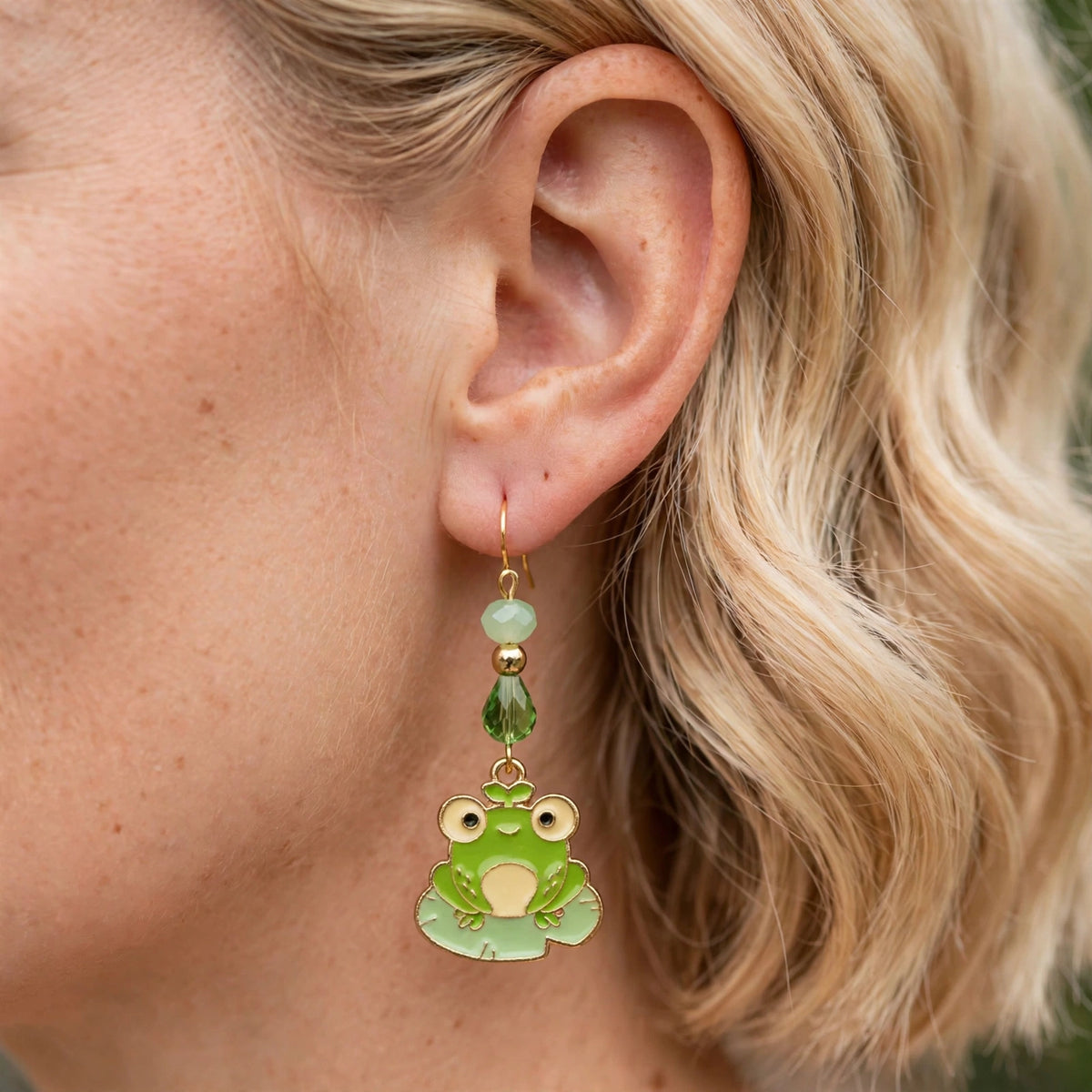 Happy Frog Lily Pad Enamel Earrings - Serene Dangle Jewelry