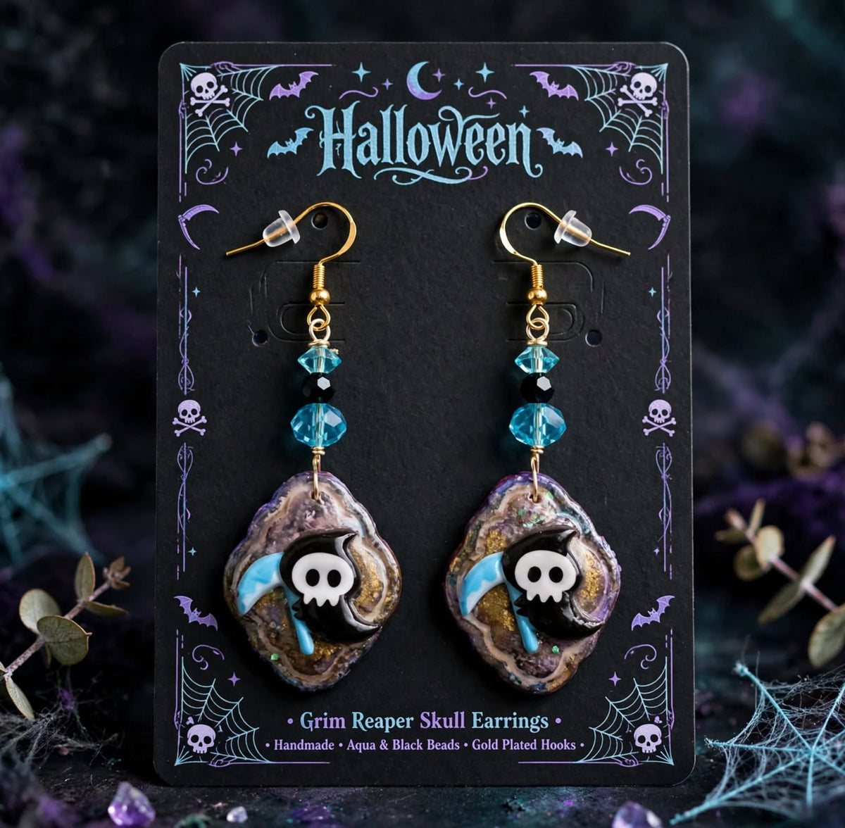Dangle Clay Resin Halloween Spooky Grim Reaper Earrings