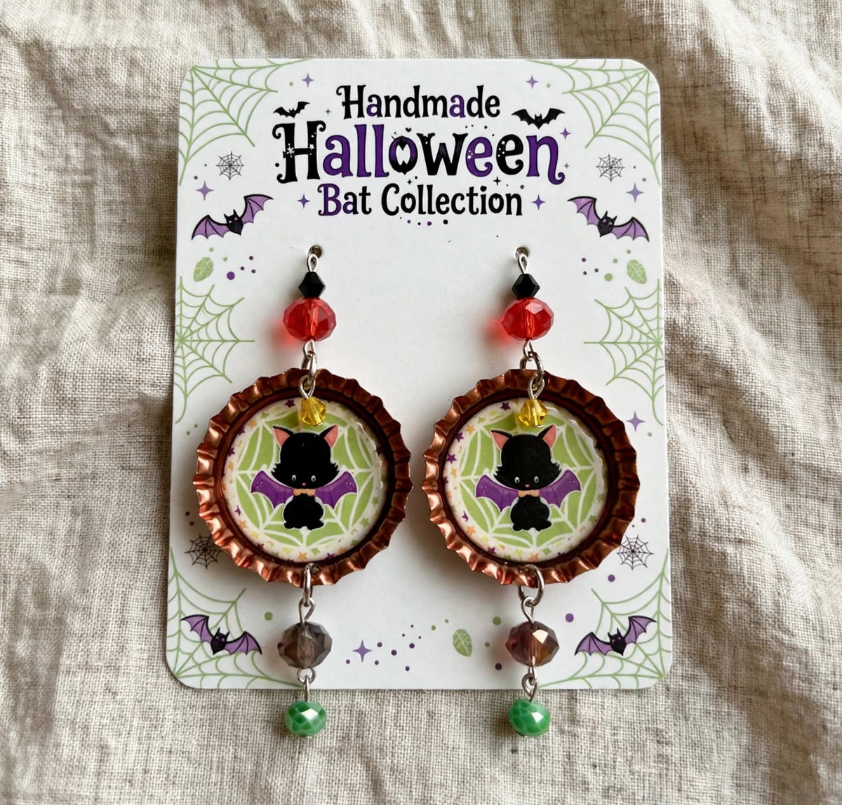 Halloween Bat Cat Bottlecap Earrings - Spooky Cute Dangle Jewelry