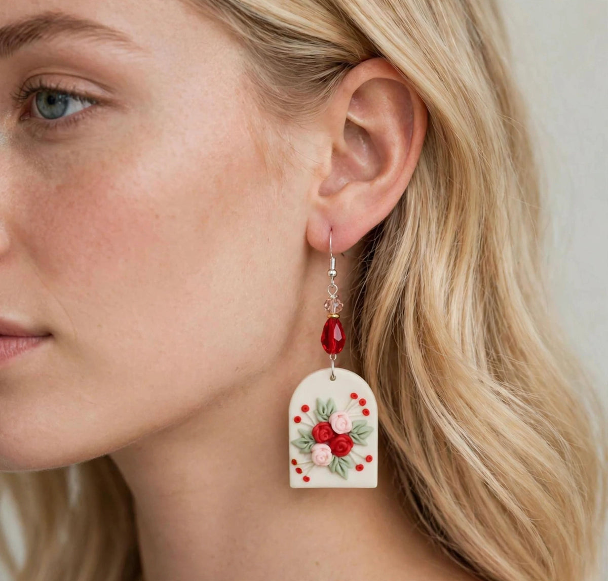 Red & Pink Rose Clay & Resin Earrings - Elegant Dangle Jewelry