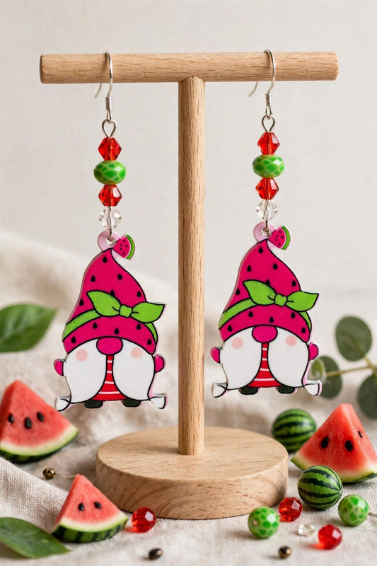 Watermelon Gnome Design Acrylic Earrings - Cute Dangle Jewelry