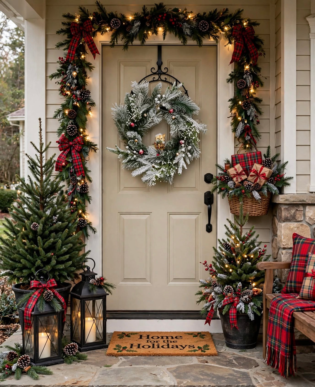 Flocked Christmas Wreath with White Berries, Red Ornaments and Woodland Fox - Snowy Holiday Front Door Wreath