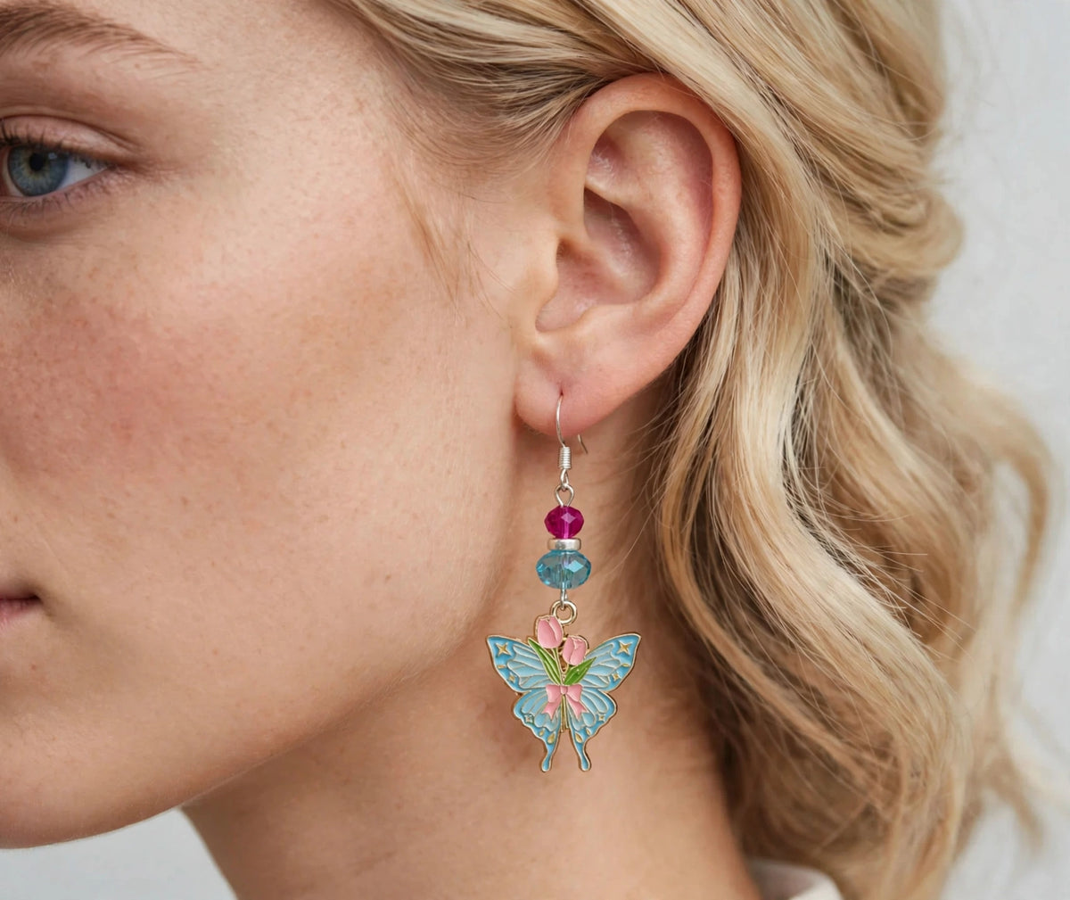 Pink Flowers Butterfly Enamel Earrings - Whimsical Dangle Jewelry