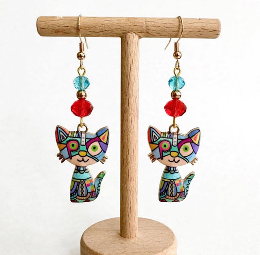 Blue Colorful Cat Enamel Charm Earrings - Abstract Dangle Jewelry