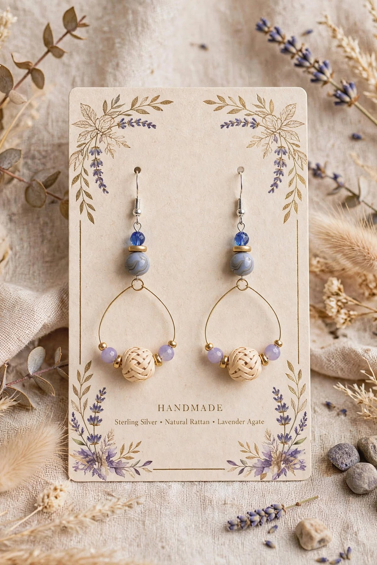 Handmade Boho Dangle Earrings - Blue Crystal, Gray Agate, Lavender Agate and Natural Rattan Earrings