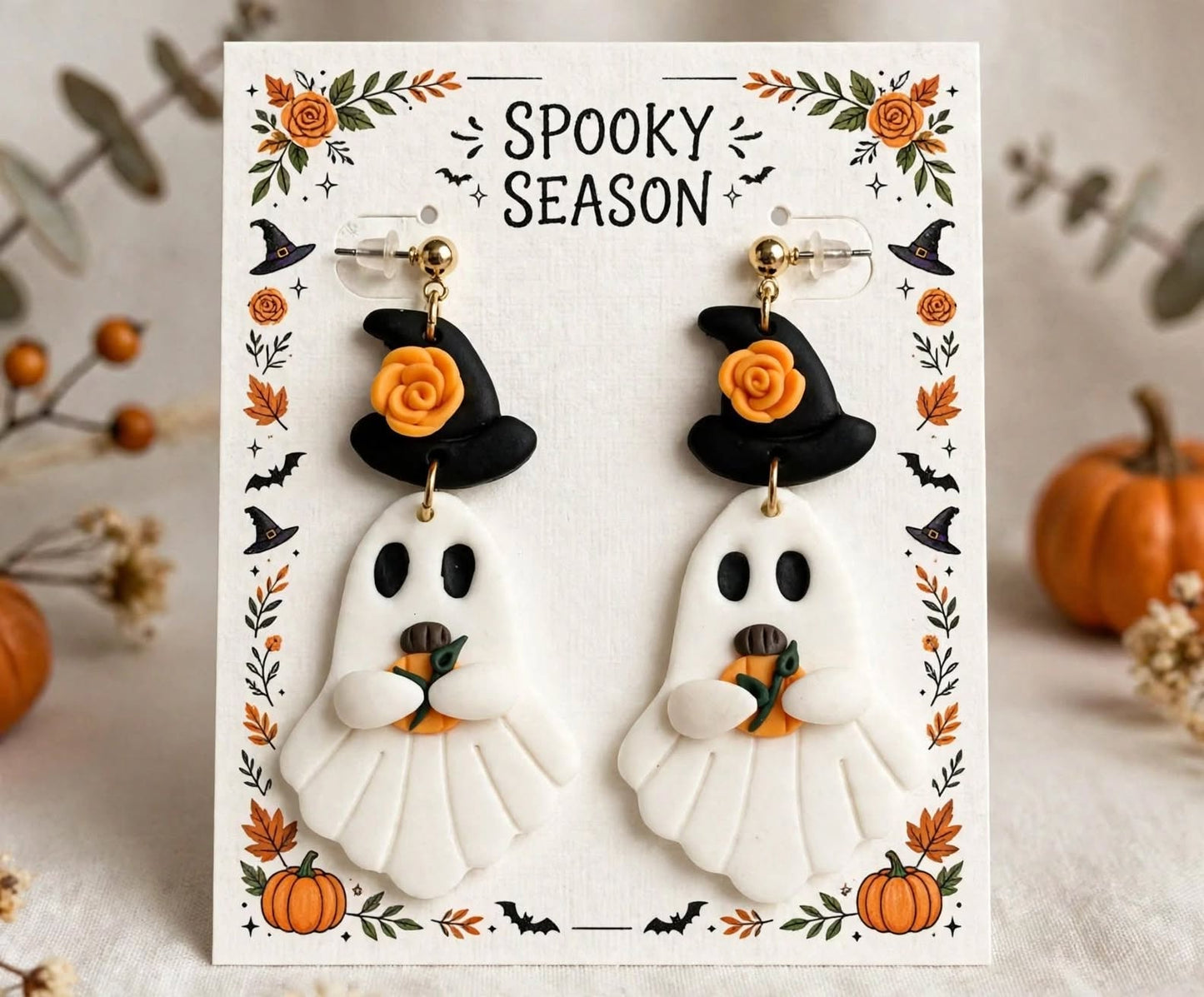 Witch Hat Pumpkin Ghost Clay & Resin Earrings - Spooky Cute Halloween Dangle Jewelry