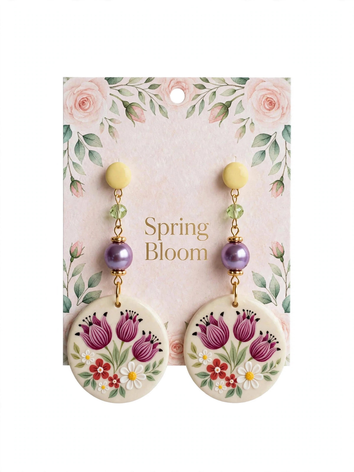 Rounded Floral Design Clay & Resin Earrings - Artisanal Dangle Jewelry