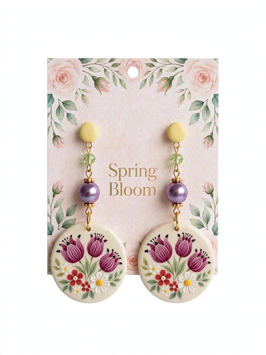 Rounded Floral Design Clay & Resin Earrings - Artisanal Dangle Jewelry