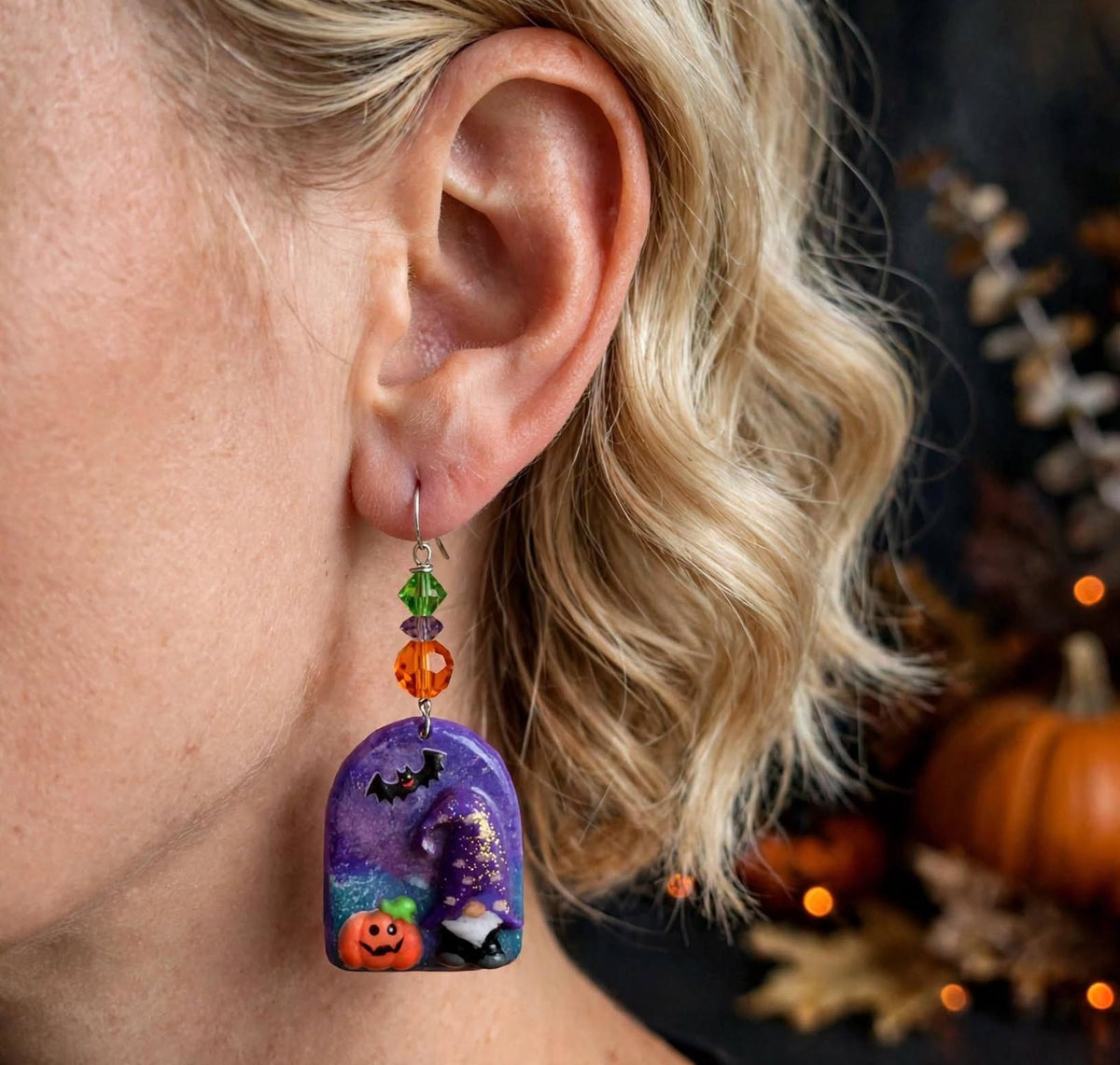 Handmade Halloween Gnome Dangle Earrings - Clay and Resin with Pumpkin & Bat Accents