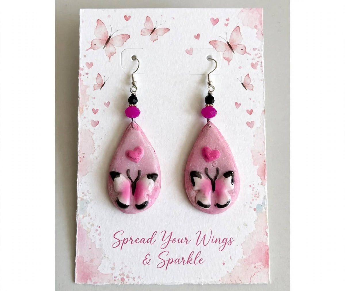 Pink Butterfly & Heart Teardrop Earrings - Romantic Clay & Resin Jewelry