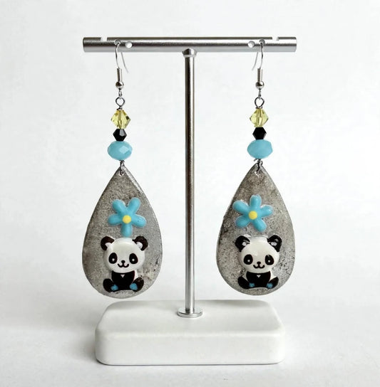 Whimsical Floral Panda Clay & Resin Earrings - Cute Teardrop Jewelry