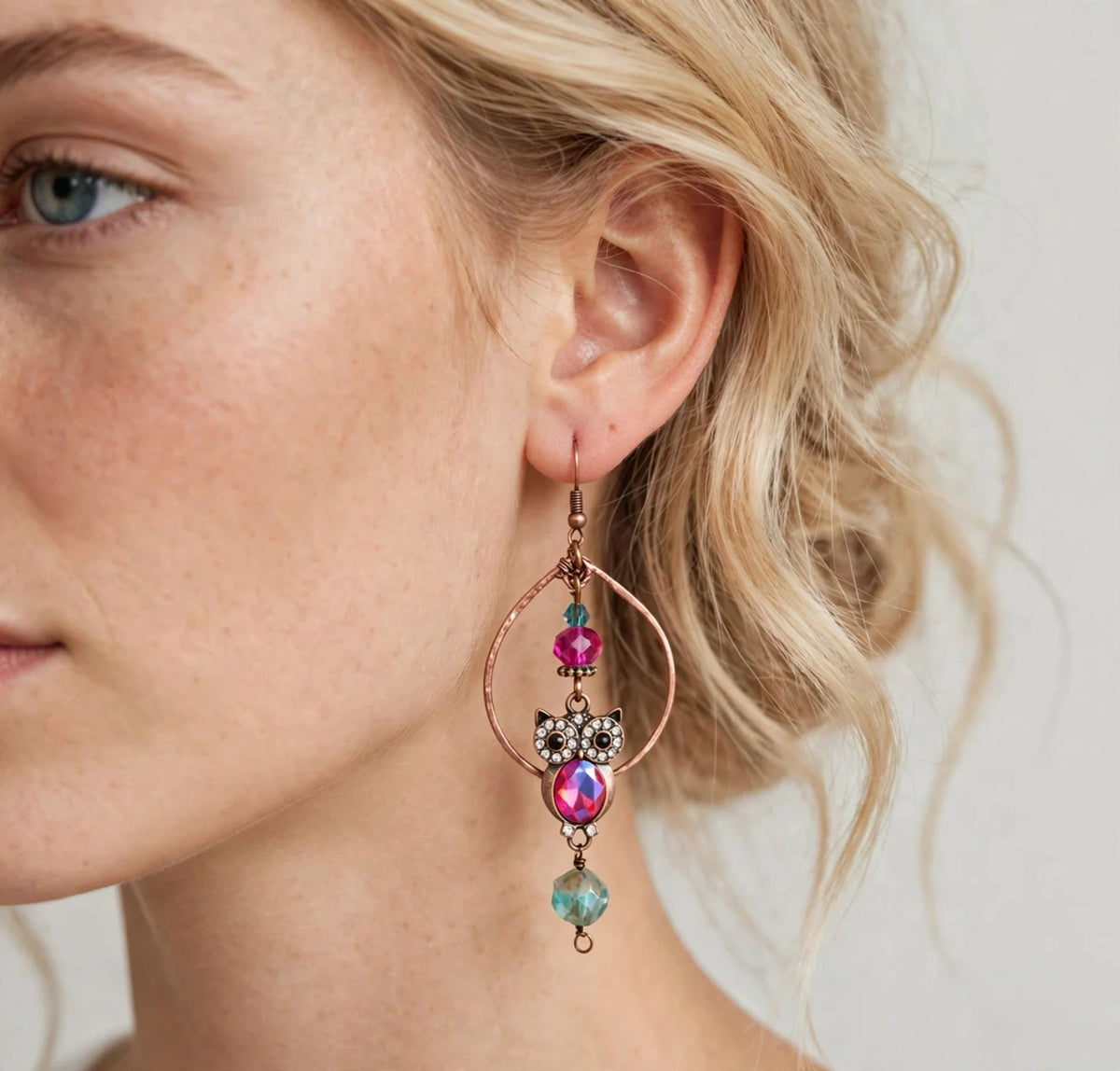 Rustic Copper Tone Owl Hoop Dangle Earrings Fuchsia Owl Dangle Hoop Earrings Fuchsia Rhinestone Charms