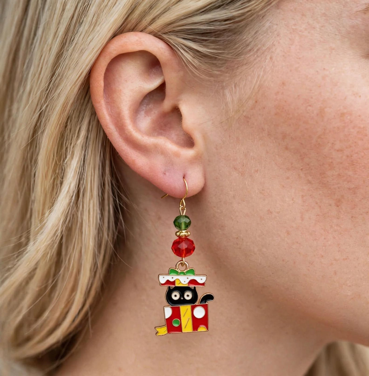 Christmas Cat Present Enamel Earrings - Colorful Cute Dangle Jewelry